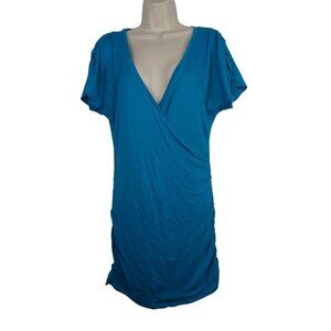 Express Sexy Basic Blue Surplice V-neck Bodycon Dress Women Size L Ruched